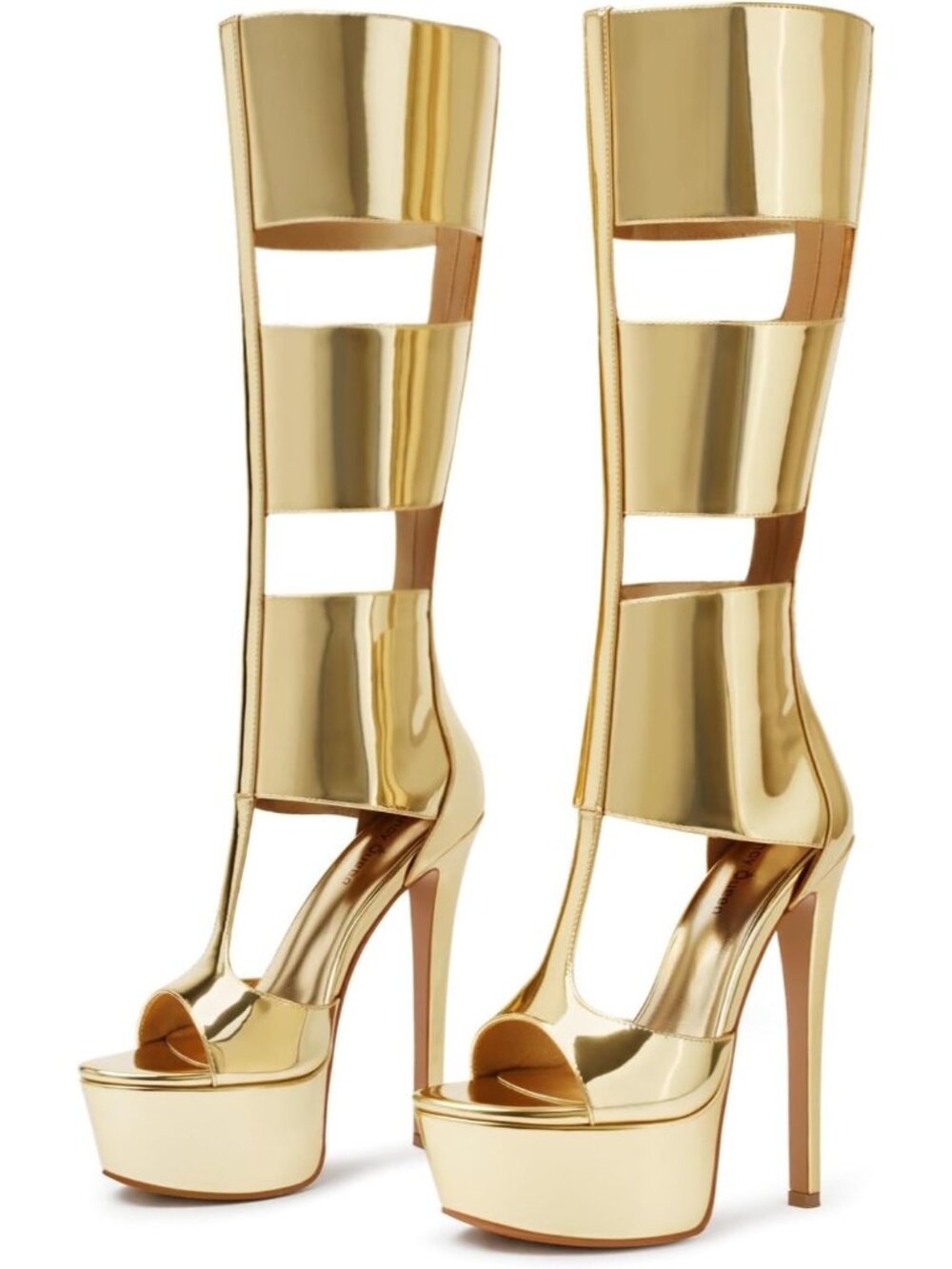 Women's Gold Knee High Heels Gladiator Open Toe Summer Boots Black Heels Sandal